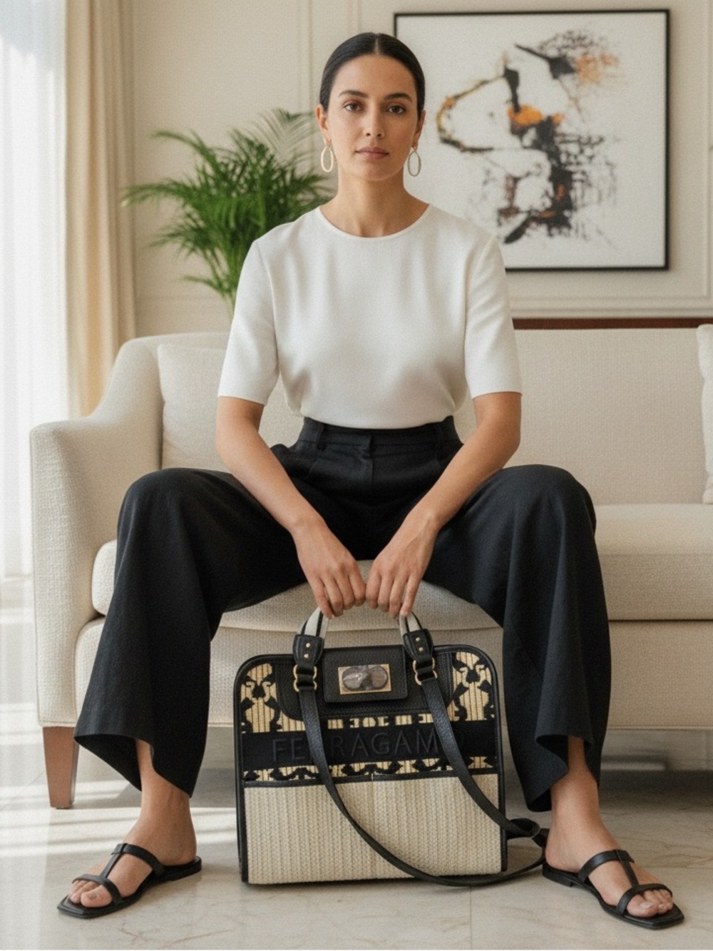 NEW Salvatore Ferragamo Miele Nero Black & Cream Raffia and Leather Tote